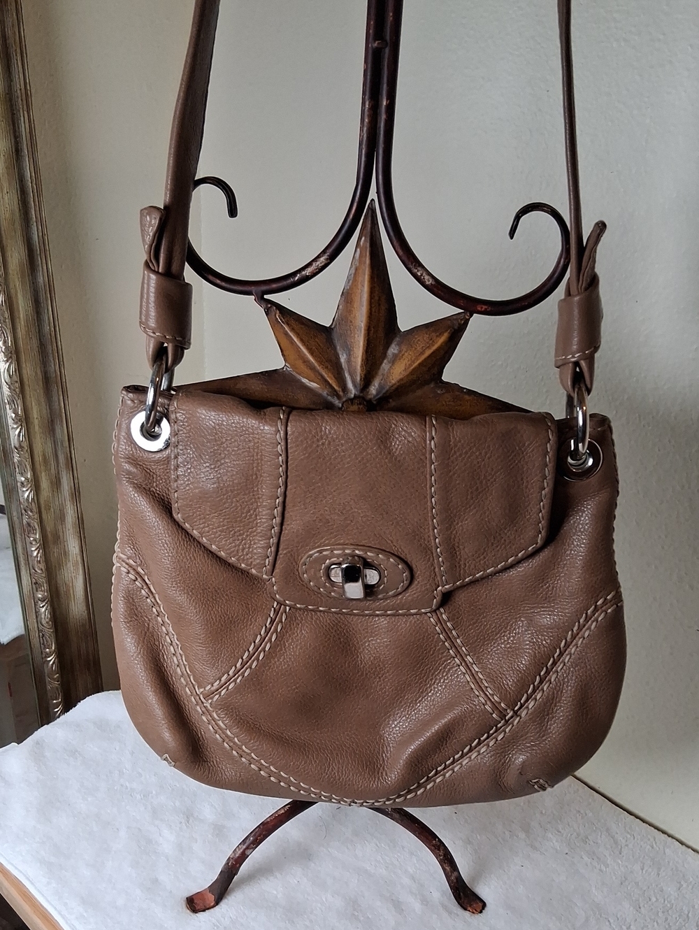 Taupe Brown Leather Shoulder Bag with Turn-Lock Flap